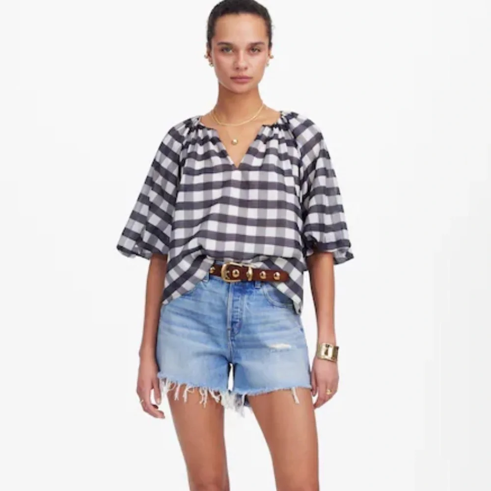 Madewell Bubble-Sleeve Top black white plaid